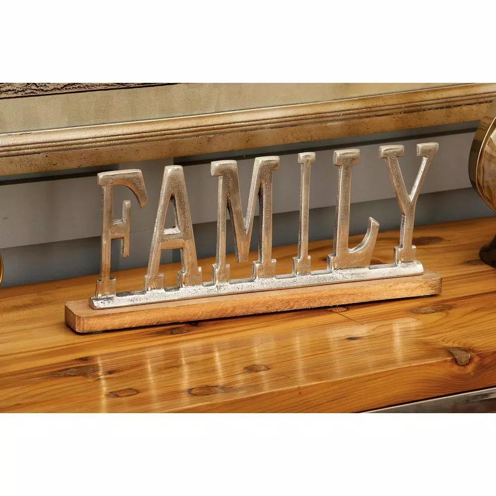 Decorative Letters LITTON LANE 15 In. X 6 In. Silver Aluminum “FAMILY” Standing Sign On Oak Brown Wooden Base 3 Decorative Letters LITTON LANE 15 In. X 6 In. Silver Aluminum “FAMILY” Standing Sign On Oak Brown Wooden Base
