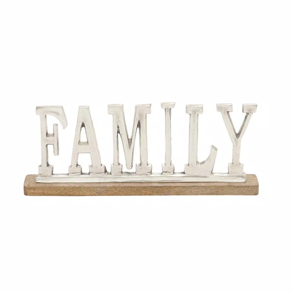 Decorative Letters LITTON LANE 15 In. X 6 In. Silver Aluminum “FAMILY” Standing Sign On Oak Brown Wooden Base 4 Decorative Letters LITTON LANE 15 In. X 6 In. Silver Aluminum “FAMILY” Standing Sign On Oak Brown Wooden Base - Image 2