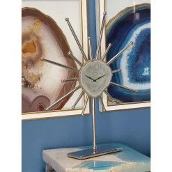 Table Clocks LITTON LANE Silver Agate Stone And Aluminum Star Sculpture Clock With Gold And Green Highlights