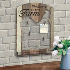 Memo Boards Stonebriar Collection 18 In. X 24 In. Brown Wooden Rooster Wall Decor With Metal Tray Mesh Message Board