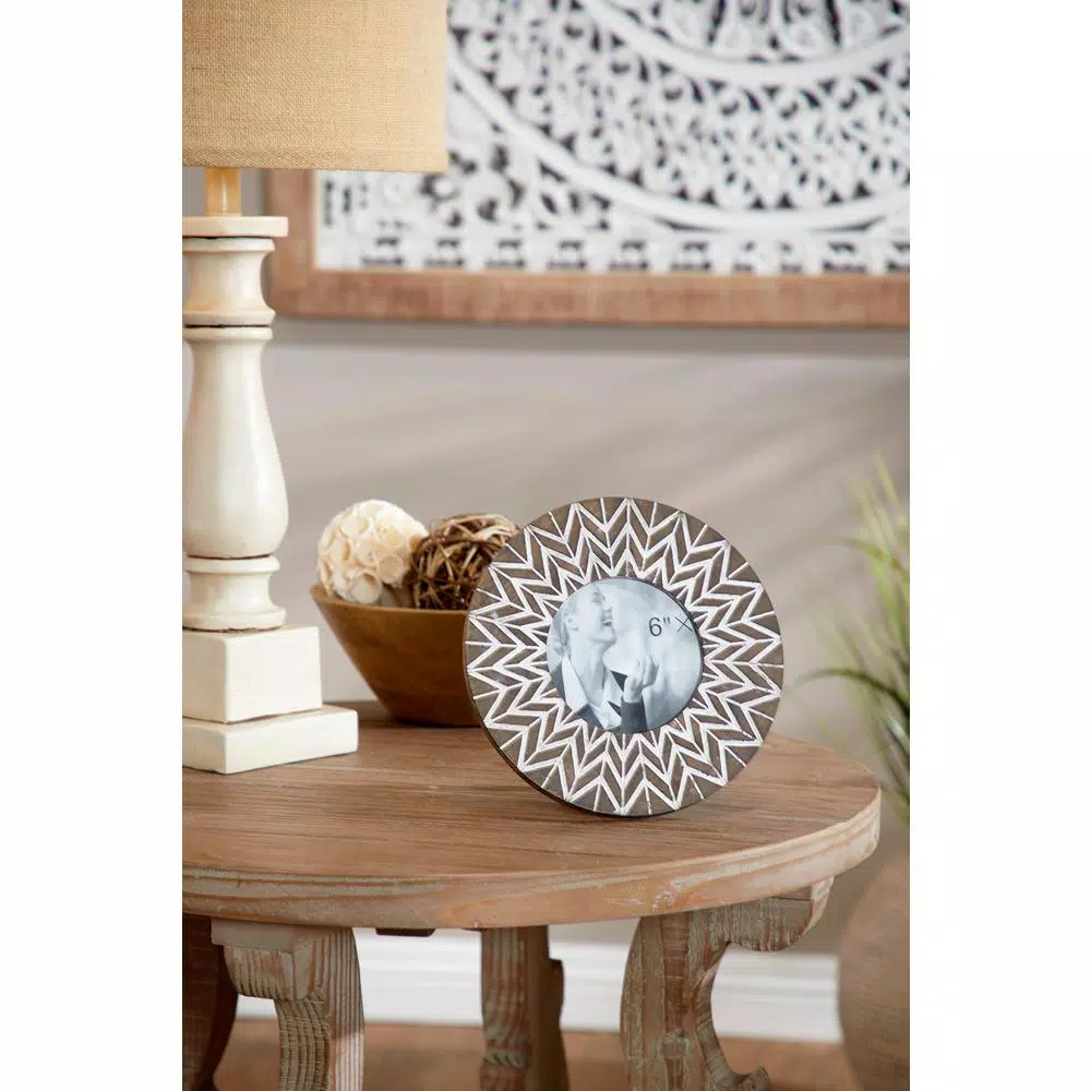 Picture Frames LITTON LANE 5 In. X 5 In. Round White And Natural Carved Wood Picture Frame With Chevron Pattern 3 Picture Frames LITTON LANE 5 In. X 5 In. Round White And Natural Carved Wood Picture Frame With Chevron Pattern