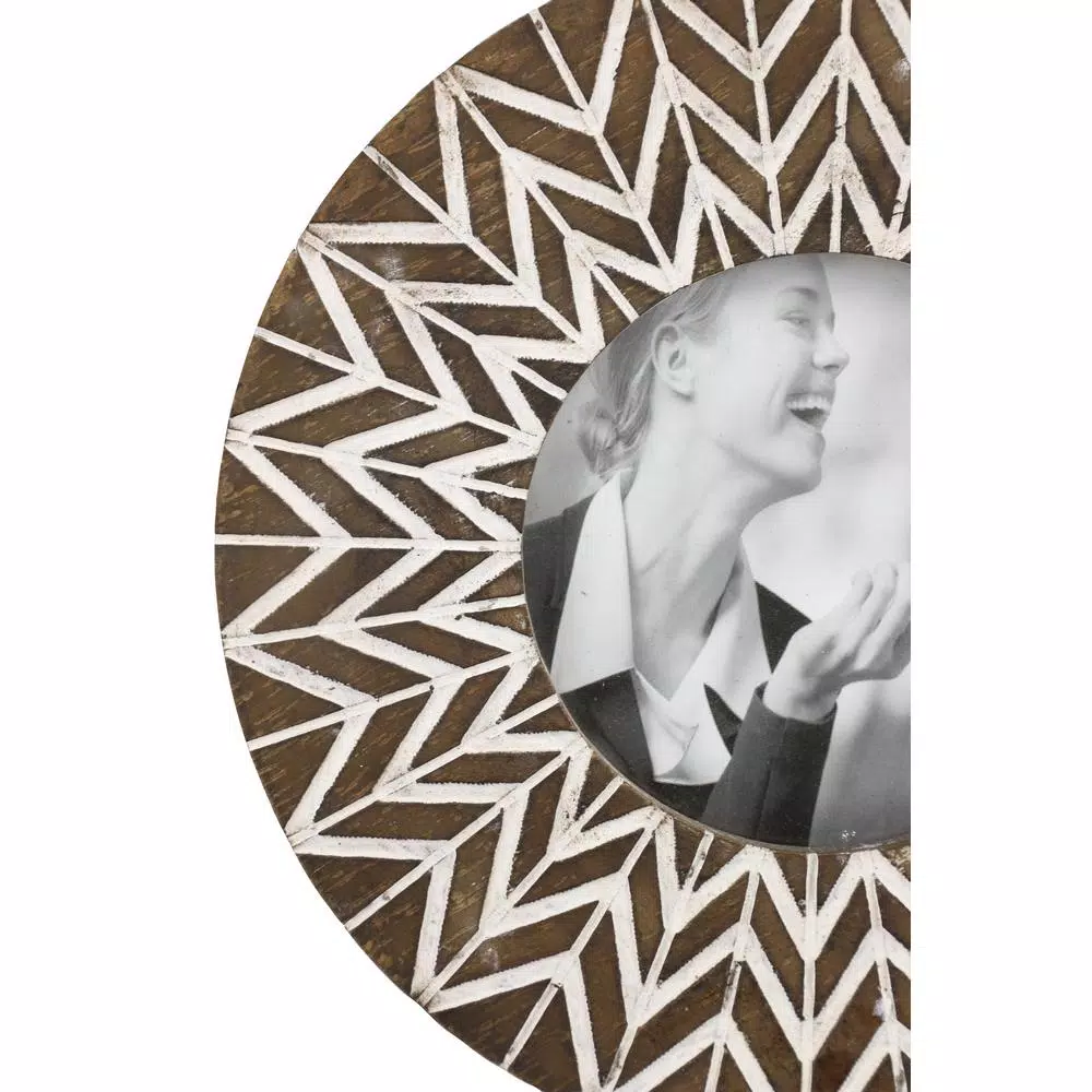 Picture Frames LITTON LANE 5 In. X 5 In. Round White And Natural Carved Wood Picture Frame With Chevron Pattern 4 Picture Frames LITTON LANE 5 In. X 5 In. Round White And Natural Carved Wood Picture Frame With Chevron Pattern - Image 2