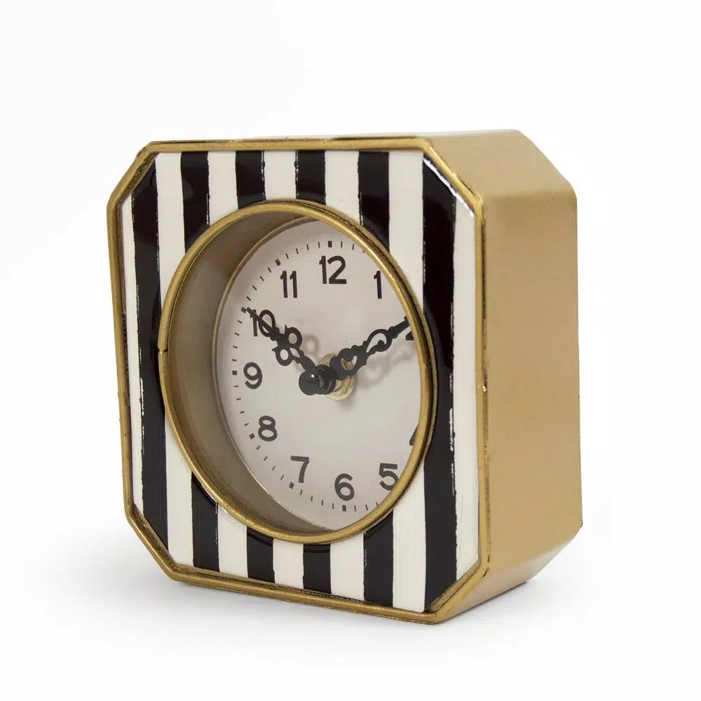 Table Clocks Zentique Black And White Striped With Gold Trimmed Rounded Square Table Clock 4 Table Clocks Zentique Black And White Striped With Gold Trimmed Rounded Square Table Clock - Image 2