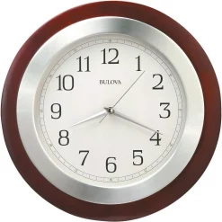 Wall Clocks Bulova 14 In. H X 14 In. W Round Wall Clock With Wood Case And Brushed Aluminum Bezel