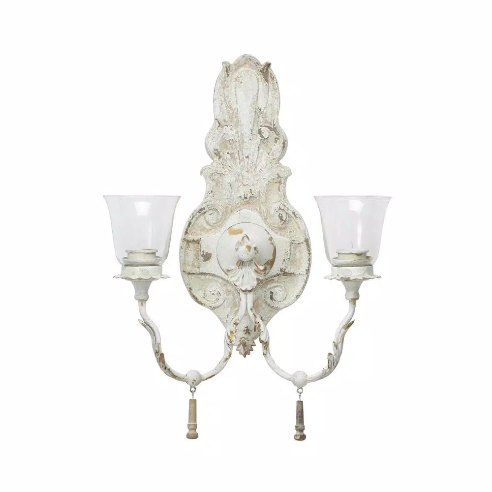 Wall Accents LITTON LANE Distressed White 2-Light Candle Sconce 3 Wall Accents LITTON LANE Distressed White 2-Light Candle Sconce