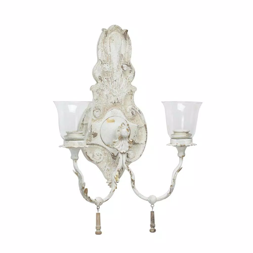 Wall Accents LITTON LANE Distressed White 2-Light Candle Sconce 4 Wall Accents LITTON LANE Distressed White 2-Light Candle Sconce - Image 2