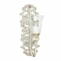 Wall Accents LITTON LANE Distressed White Acanthus Candle Sconce