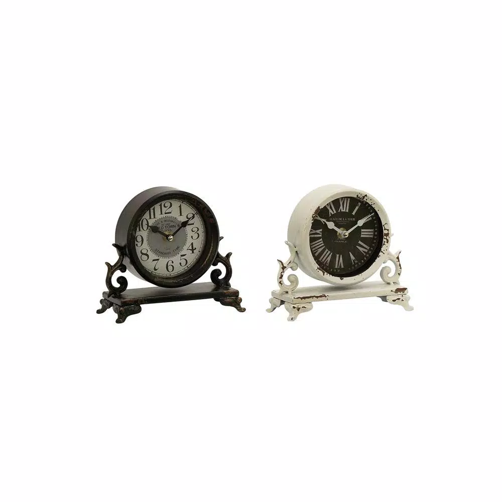 LITTON LANE 7 in. x 7 in. Iron Black and Vintage White Round Table Clocks on Rectangular Scrollwork-Designed Base (Set of 2) LITTON LANE 7 In. X 7 In. Iron Black And Vintage White Round Table Clocks On Rectangular Scrollwork-Designed Base (Set Of 2) -SAFAVIEH Shop white litton lane table clocks 52565 c3 1000